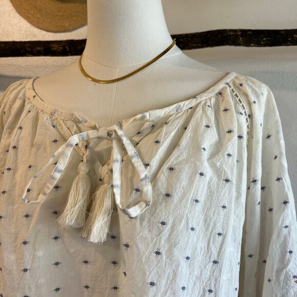 World Market White Floral Embroidered Puffed Sleeve Blouse Tassel Tie Top Size M - Picture 2 of 11